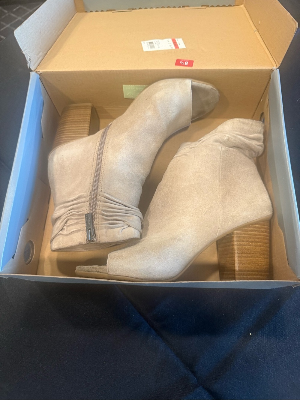 Open-Toe Block Heel Ankle Boots in Taupe